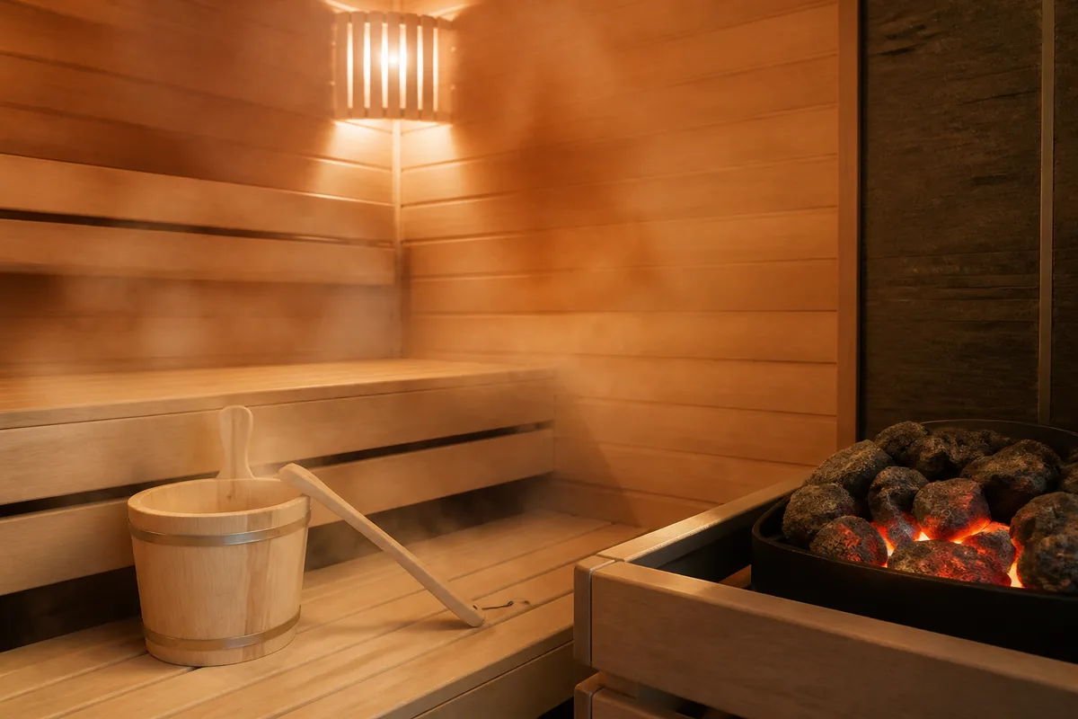 Intérieur de sauna en bois clair avec seau et louche posés sur un banc