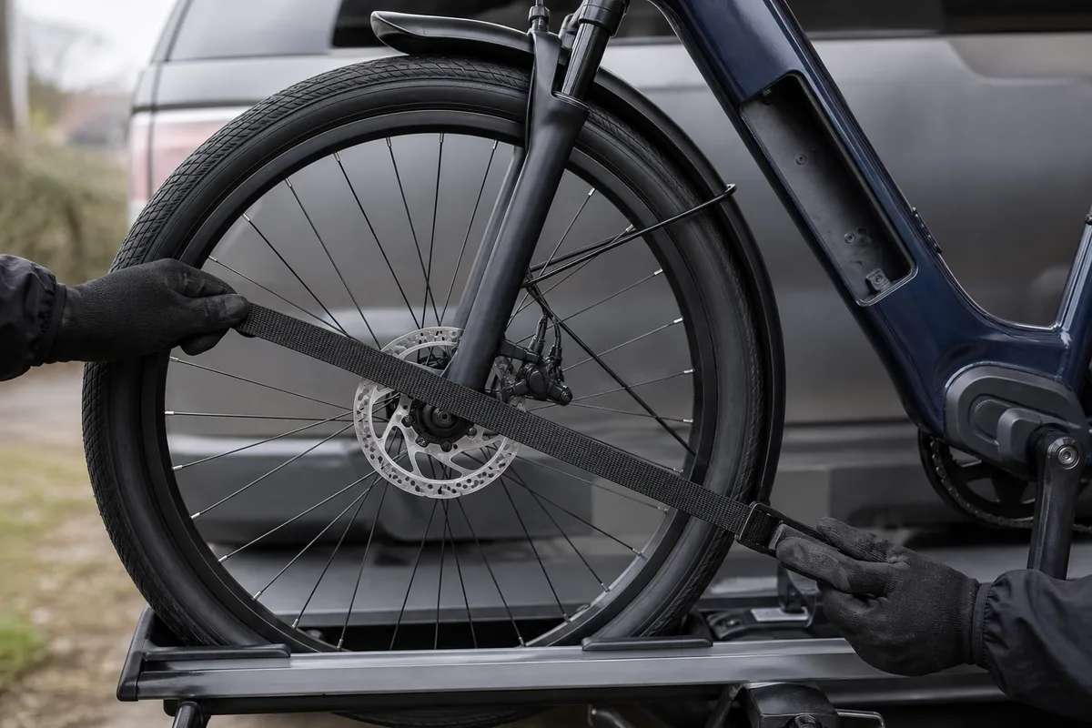 Mains gantées sanglant la roue avant d’un vélo électrique sur le rail d’une plateforme d’attelage