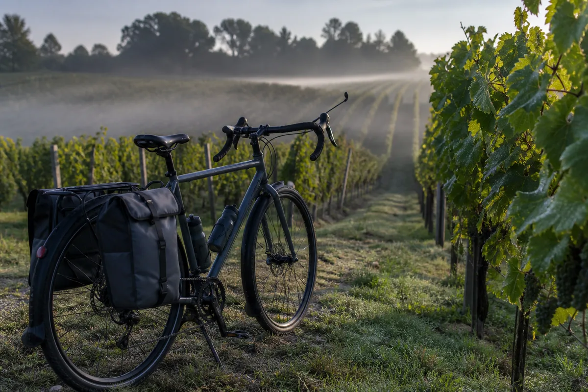 Cycliste sur une petite route bordée de vignes en début de matinée