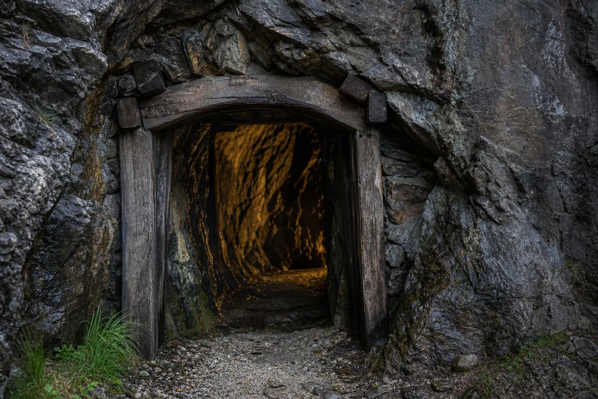 Entrée d&rsquo;une galerie minière sombre menant à la via ferrata souterraine