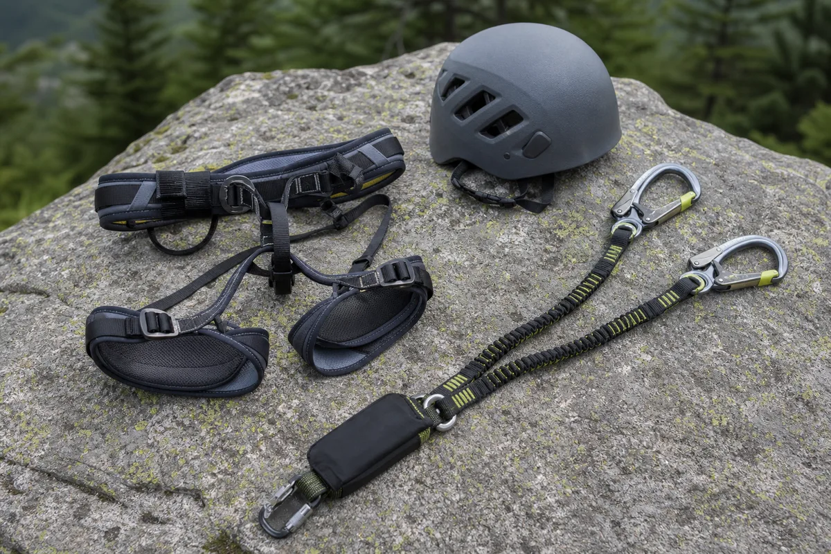 Baudrier et longes de via ferrata posés sur un rocher